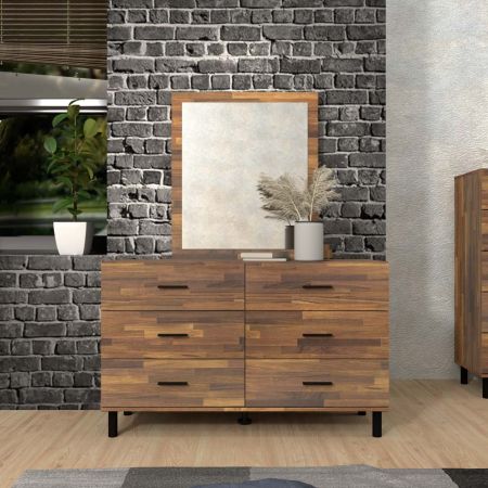 Commode à six tiroirs bilatéraux avec miroir et pieds droits en fer laminé en teck - Commode à six tiroirs bilatéraux avec miroir et pieds droits en fer laminé en teck